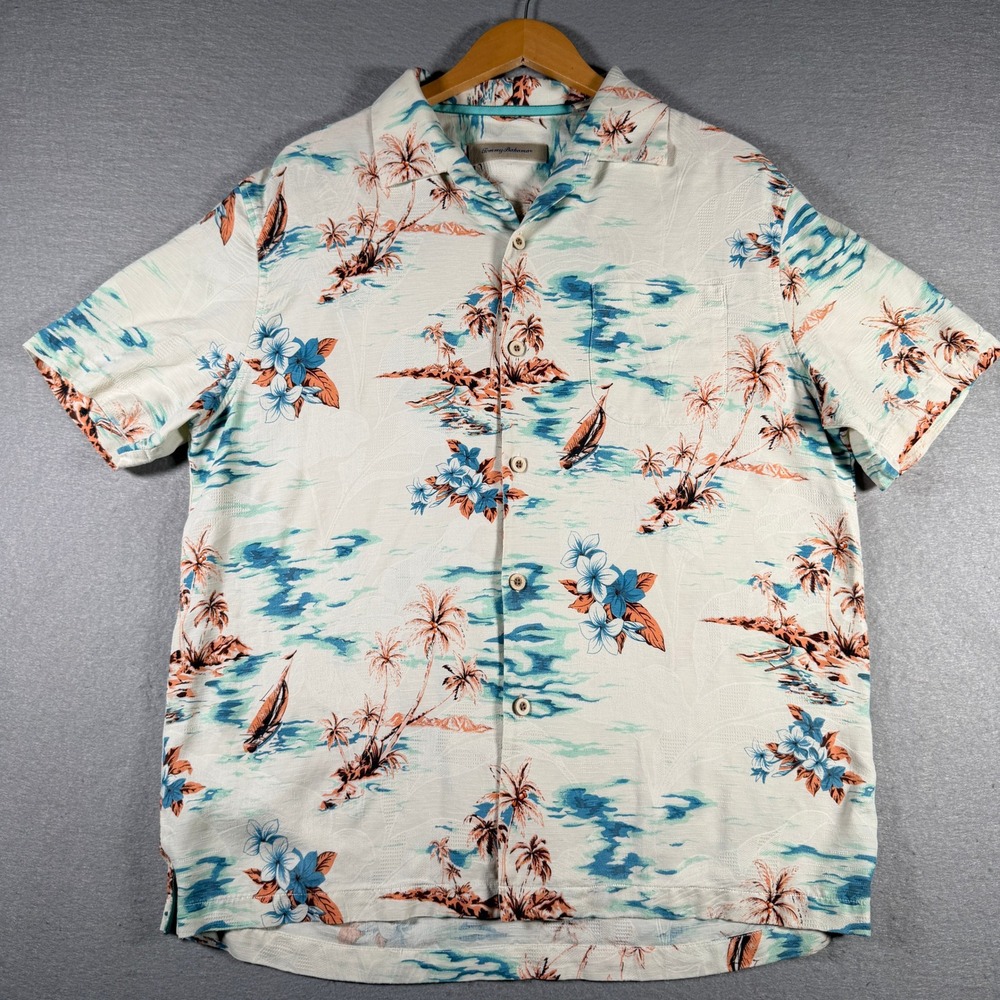 Tommy Bahama Mens Large Silk Tropical Island Palm Tree Camp Shirt Cream Blue